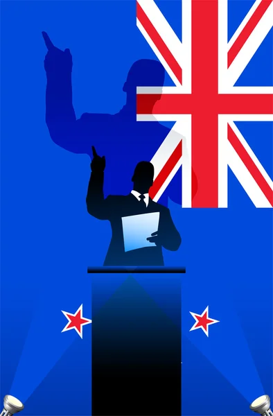 Bandiera della Nuova Zelanda con oratore politico dietro un podio — Vettoriale Stock