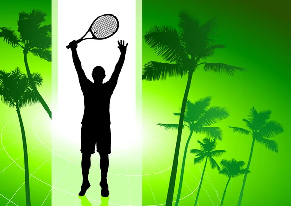 Jogador de tênis em fundo tropical verde — Vetor de Stock