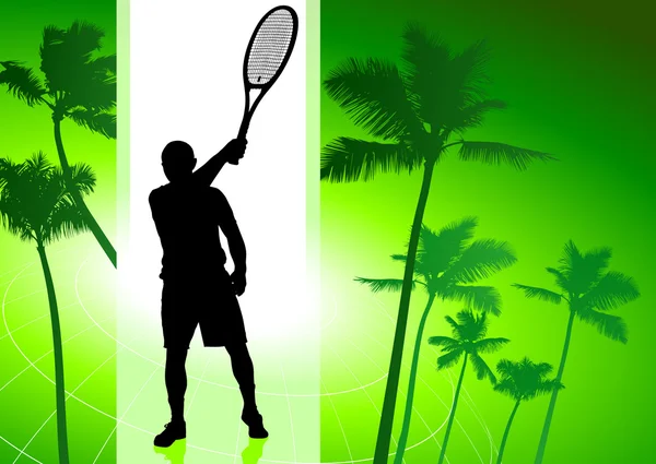 熱帯の緑の背景上のテニス選手 — ストックベクタ
