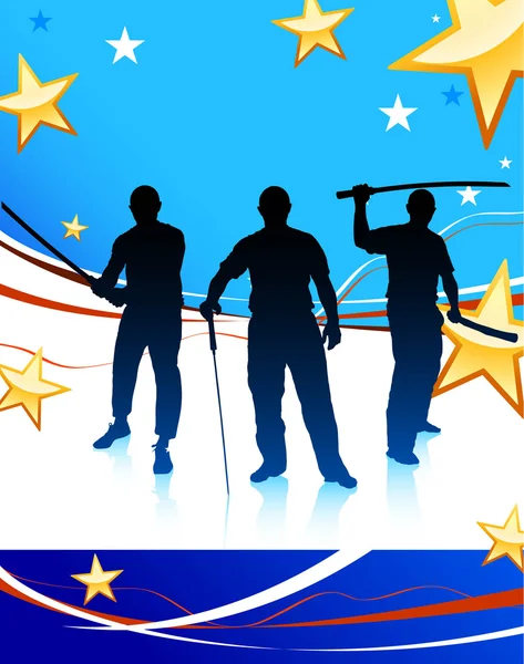 Karate Sensei con spada sullo sfondo astratto della bandiera USA — Vettoriale Stock