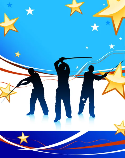 Karaté Sensei avec épée sur fond abstrait drapeau des États-Unis — Image vectorielle