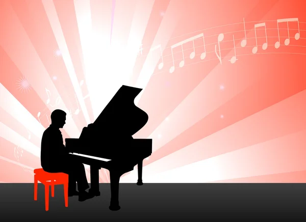 Músico de piano sobre fondo rojo con notas — Vector de stock