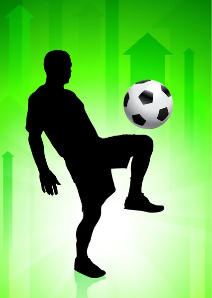 Ποδόσφαιρο (παίκτης ποδοσφαίρου), σε φόντο πράσινο βέλος — Διανυσματικό Αρχείο