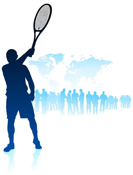 Joueur de tennis sur fond de carte du monde avec foule — Image vectorielle