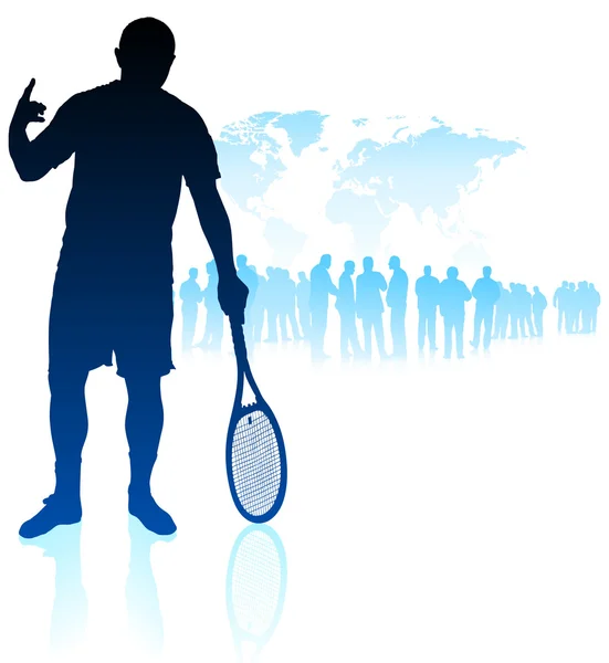 Jogador de tênis no mapa do mundo Fundo com multidão — Vetor de Stock