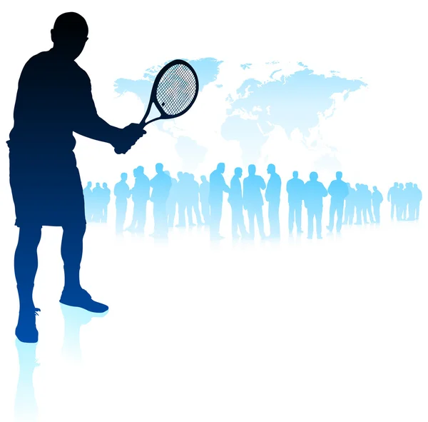 Tennisser op wereld kaart achtergrond met menigte — Stockvector