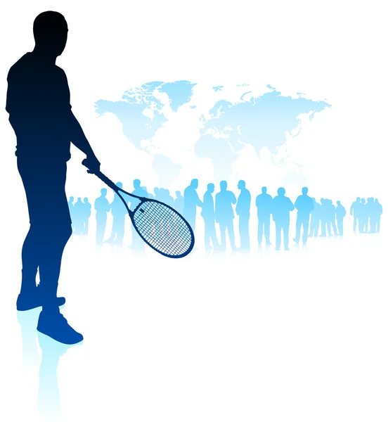Παίκτης του τένις στο φόντο του χάρτη κόσμο με πλήθος — Διανυσματικό Αρχείο
