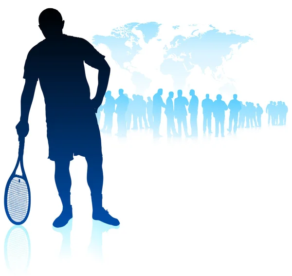群衆の中に世界地図背景上のテニス選手 — ストックベクタ
