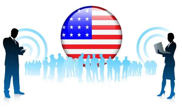 Équipe d'affaires avec bouton Internet américain — Image vectorielle