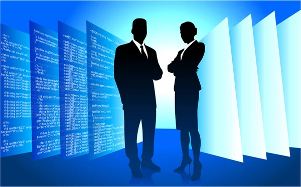 Uomo d'affari e donna d'affari su sfondo internet blu — Vettoriale Stock