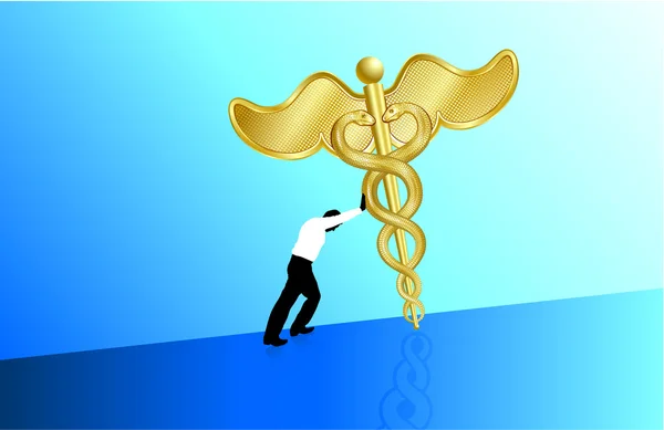 Homme d'affaires poussant caducée médical vers le haut — Image vectorielle