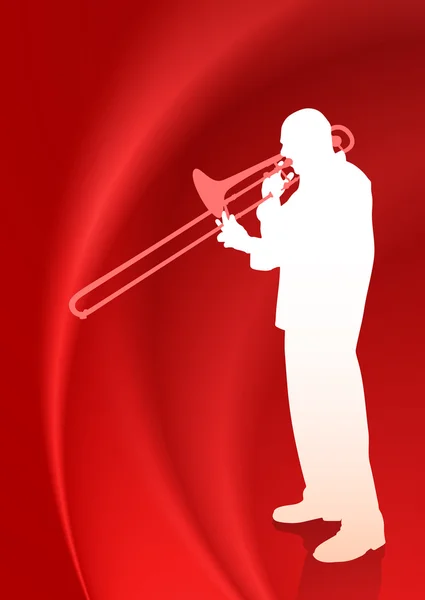 トランペットの音楽家に流れる赤い背景 — ストックベクタ