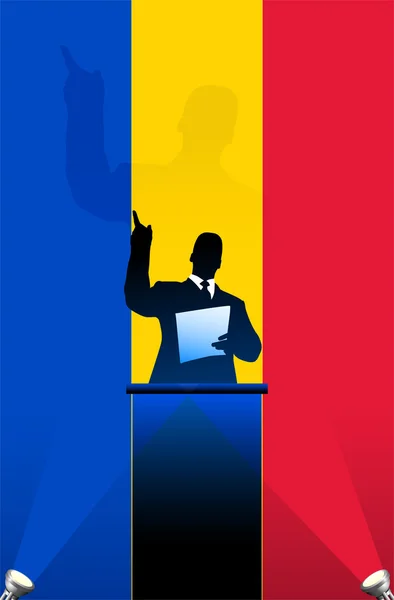 Bandeira da Roménia com orador político atrás de um pódio —  Vetores de Stock