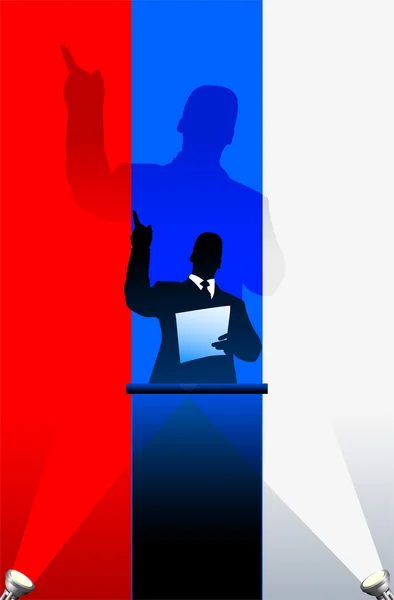 Drapeau de la Russie avec orateur politique derrière un podium — Image vectorielle