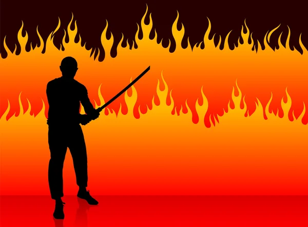 Karate Sensei with Sword on Fire Background — Stock Vector