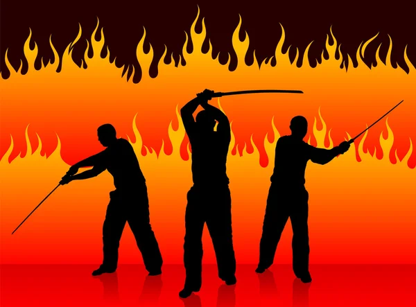 Karate sensei z mieczem na tle ogień — Wektor stockowy