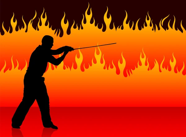 Karate sensei met zwaard op brand achtergrond — Stockvector