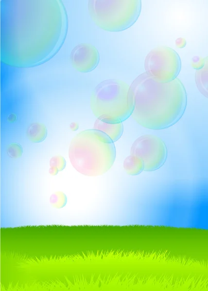 Grama verde, céu azul e bolhas de sabão —  Vetores de Stock