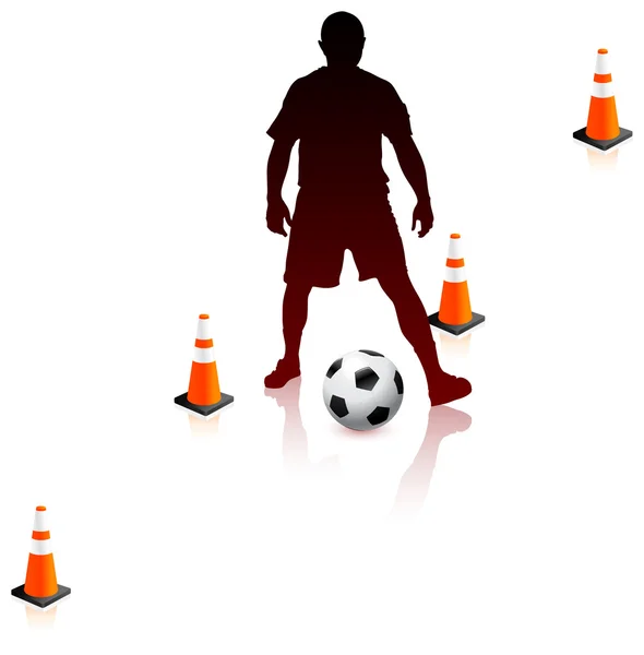 Fotbollspelare med trafik koner — Stock vektor