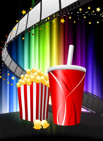 Popcorn und Limo auf abstraktem Spektrum Hintergrund — Stockvektor