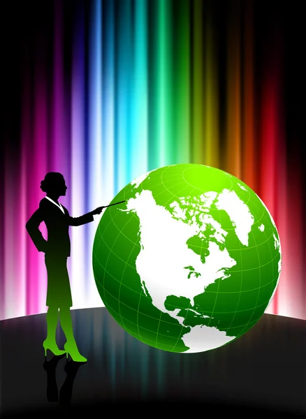 Geschäftsfrau mit Globus auf abstraktem Spektrum — Stockvektor