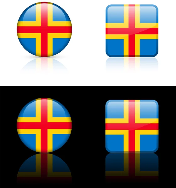 Botones de bandera de las Islas Aland sobre fondo blanco y negro — Vector de stock