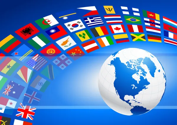 Globe avec beaucoup de bannière de drapeau — Image vectorielle