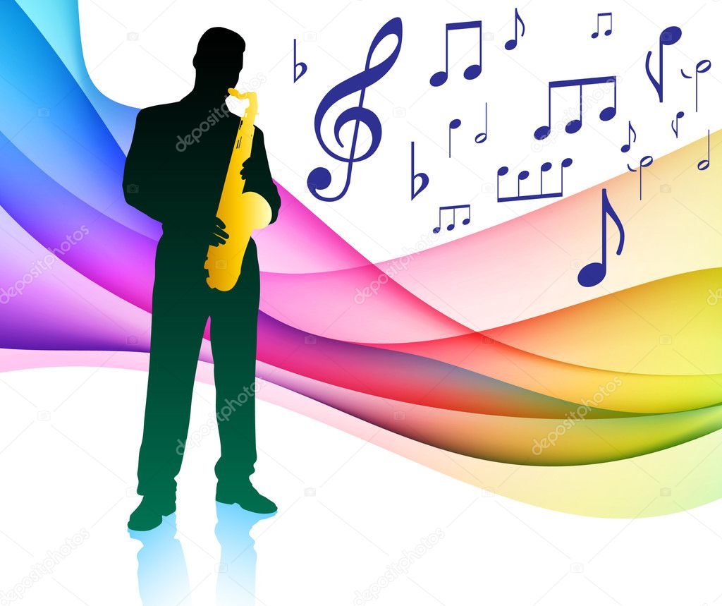 Sax Player on Musical Note Color SpectrumOriginal Vector Illustr