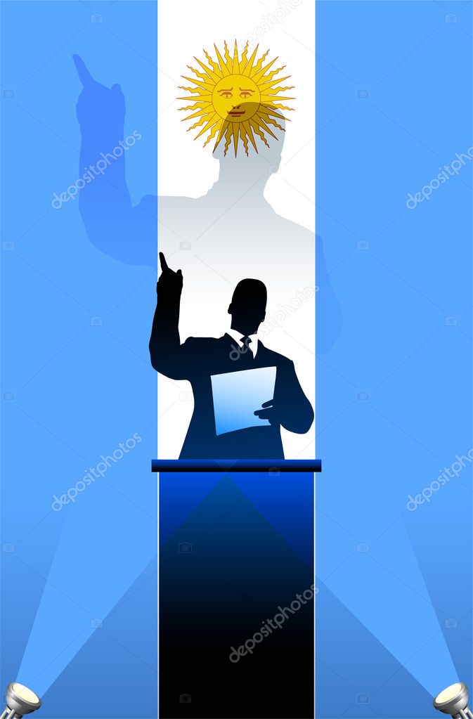 Argentina flag with political speaker behind a podium