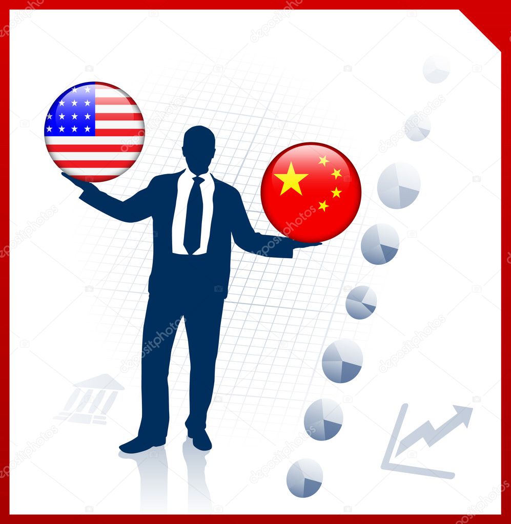 Businessman Holding United States and china Internet Flag Butto