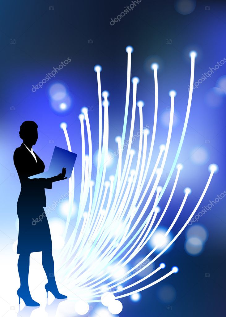 businesswoman holding computer laptop with fiber optic internet