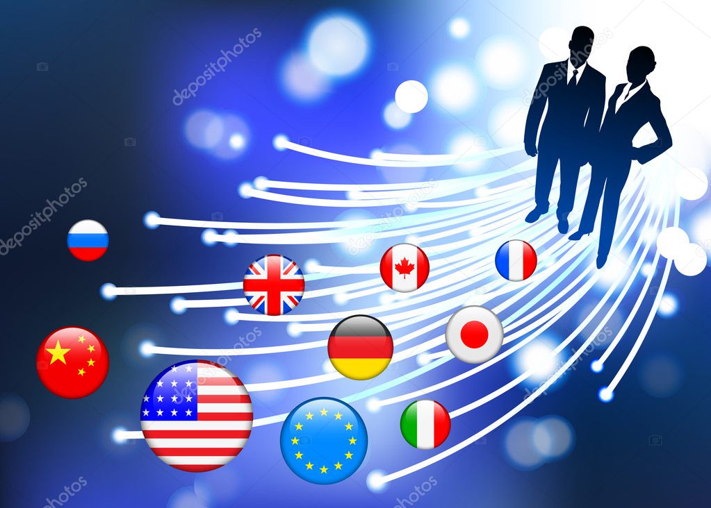 Business Couple on internet flag buttons background