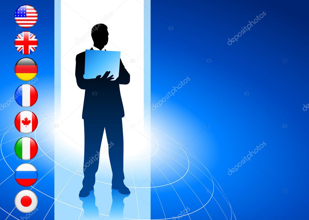 Businessman with internet flag buttons background