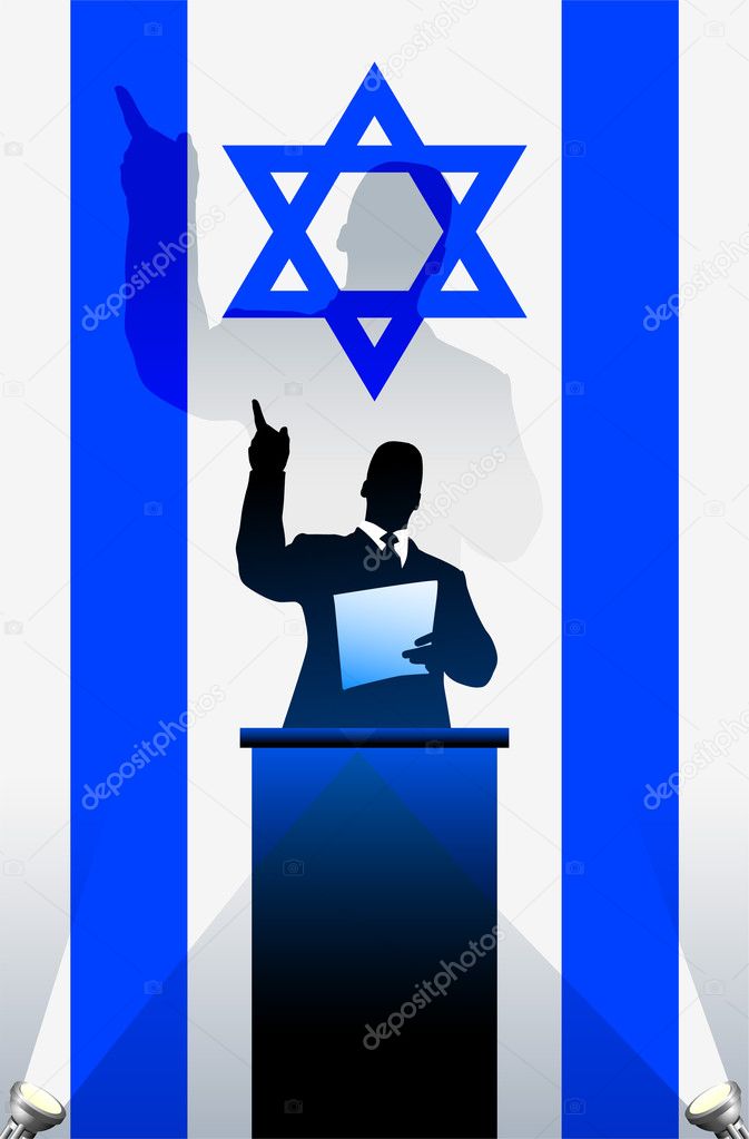 Israel flag with political speaker behind a podium