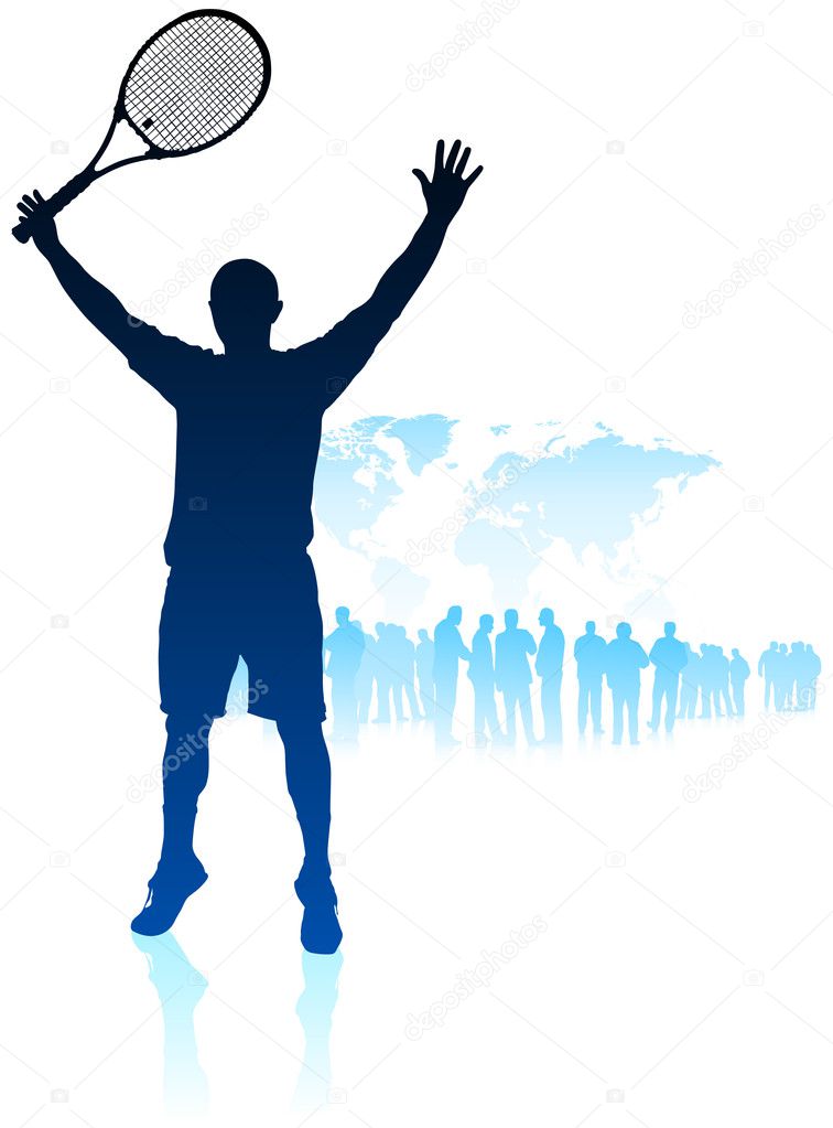 Tennis Player on World Map Background with Crowd