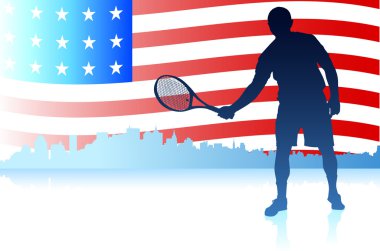 Amerika Birleşik Devletleri bayrağı arka planlı Tenis oyuncuları