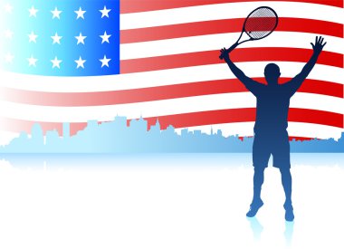 Amerika Birleşik Devletleri bayrağı arka planlı Tenis oyuncuları