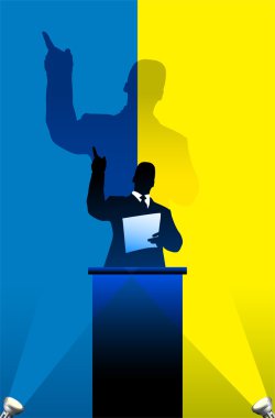 Ukraine flag with political speaker behind a podium clipart