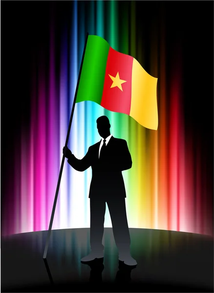 Vlajka Kamerunu s podnikatelem na abstraktní spektra pozadí — Stockový vektor