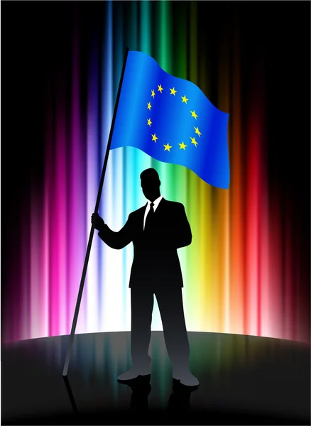 European Union Flag with Businessman on Abstract Spectrum Backgr — Stock Vector