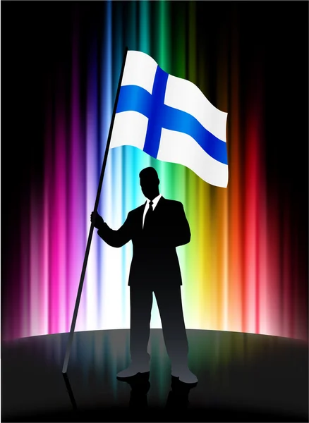 Финский флаг с предпринимателем на фоне абстрактного спектра — стоковый вектор
