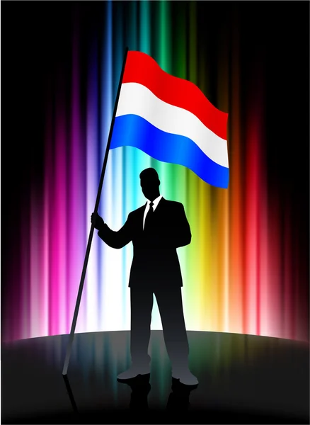 추상적인 스펙트럼 배경에 사업가와 네덜란드 깃발 — 스톡 벡터