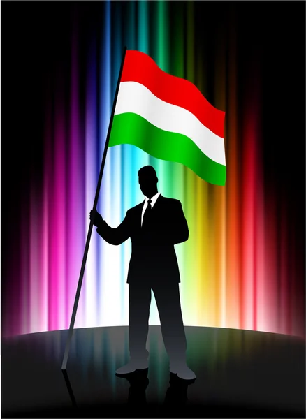 Hungary Flag with Businessman on Abstract Spectrum Background — Stock Vector
