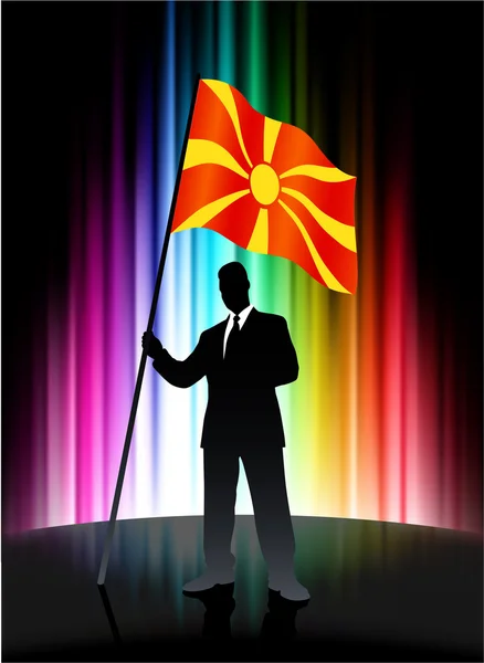 Bandeira da Macedônia com empresário no fundo do espectro abstrato —  Vetores de Stock