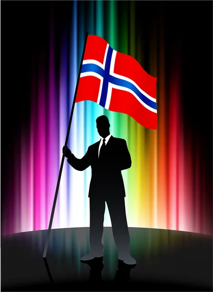 추상적인 스펙트럼 배경에 사업가와 노르웨이 깃발 — 스톡 벡터
