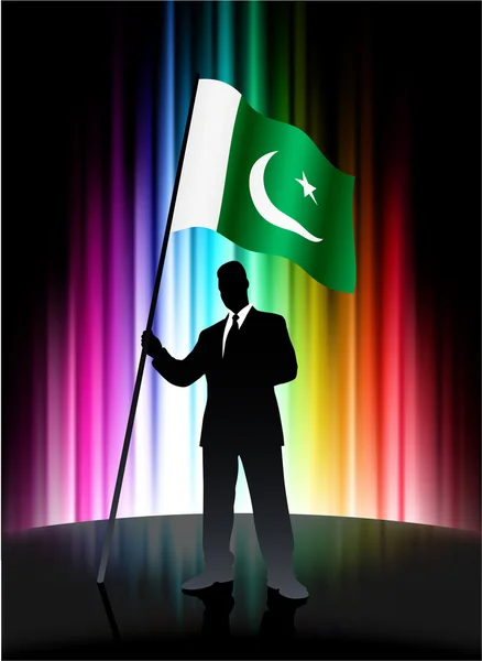Pakistan Flag with Businessman on Abstract Spectrum Background — Stock Vector