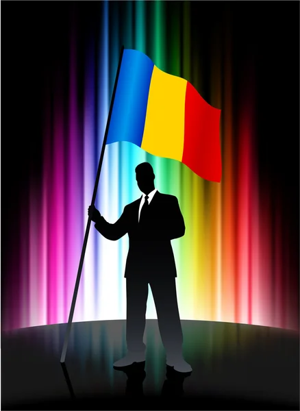 Ρουμανία σημαία με τον επιχειρηματία σε αφηρημένη φάσμα φόντο — Διανυσματικό Αρχείο