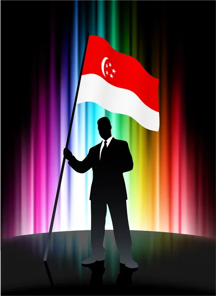 Singapore Flagge mit Geschäftsmann auf abstraktem Spektrum Hintergrund — Stockvektor