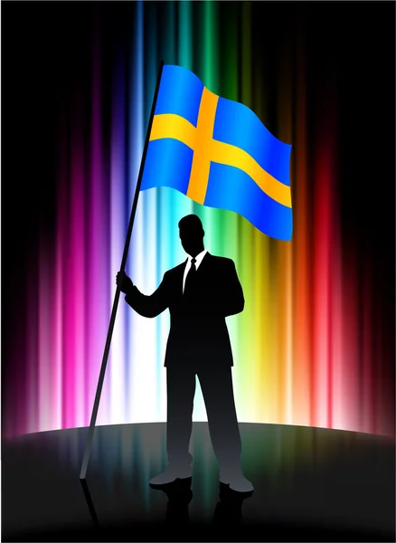 추상적인 스펙트럼 배경에 사업가와 스웨덴 깃발 — 스톡 벡터