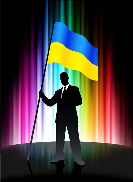 Ukraine Flag with Businessman on Abstract Spectrum Background — Stock Vector